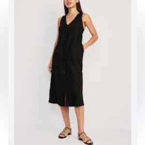 Old Navy Sleeveless Button-Front Linen-Blend Midi Shift Dress, Black XS